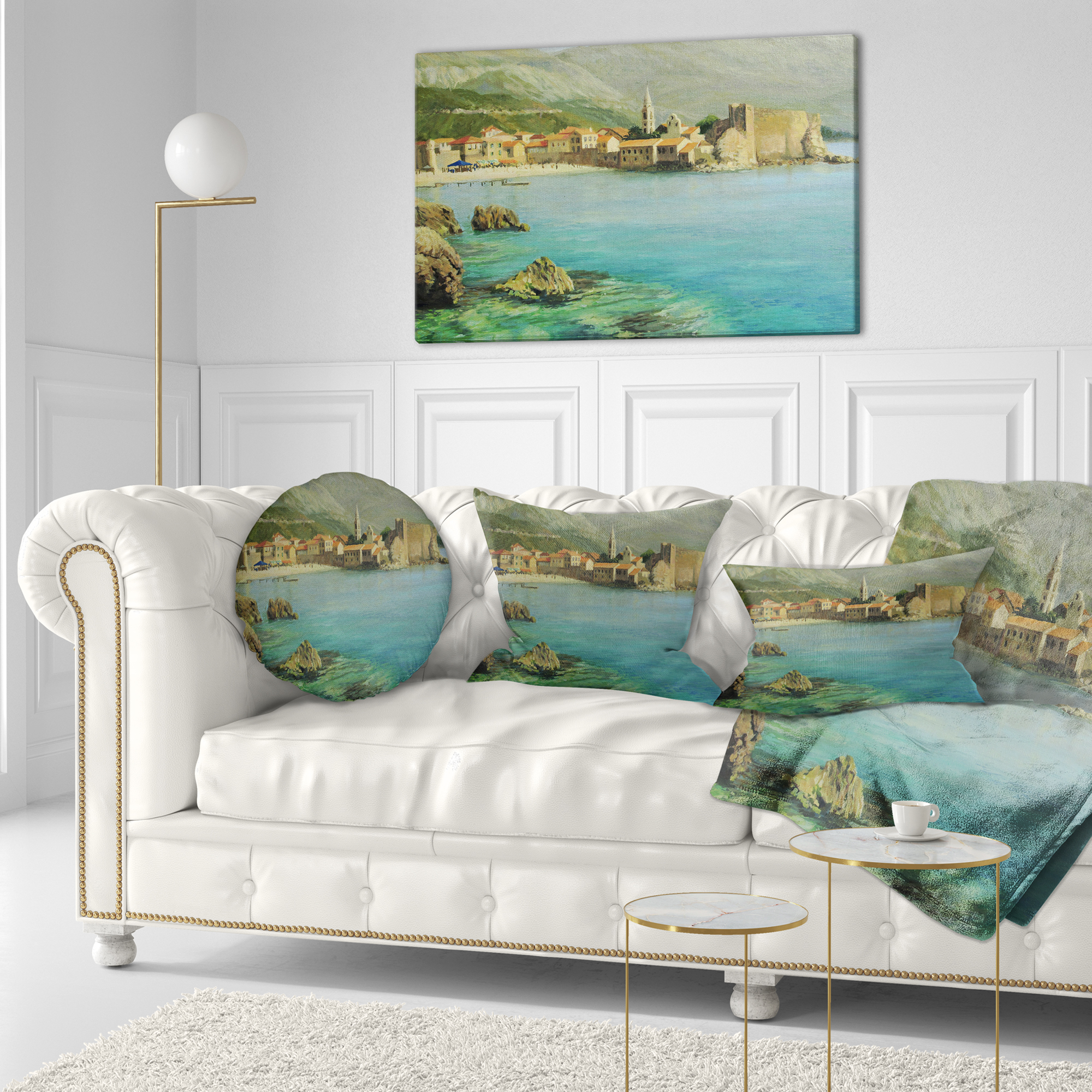 Designart Bay Near Old Budva - Landscape Painting Throw Pillow - 12x20