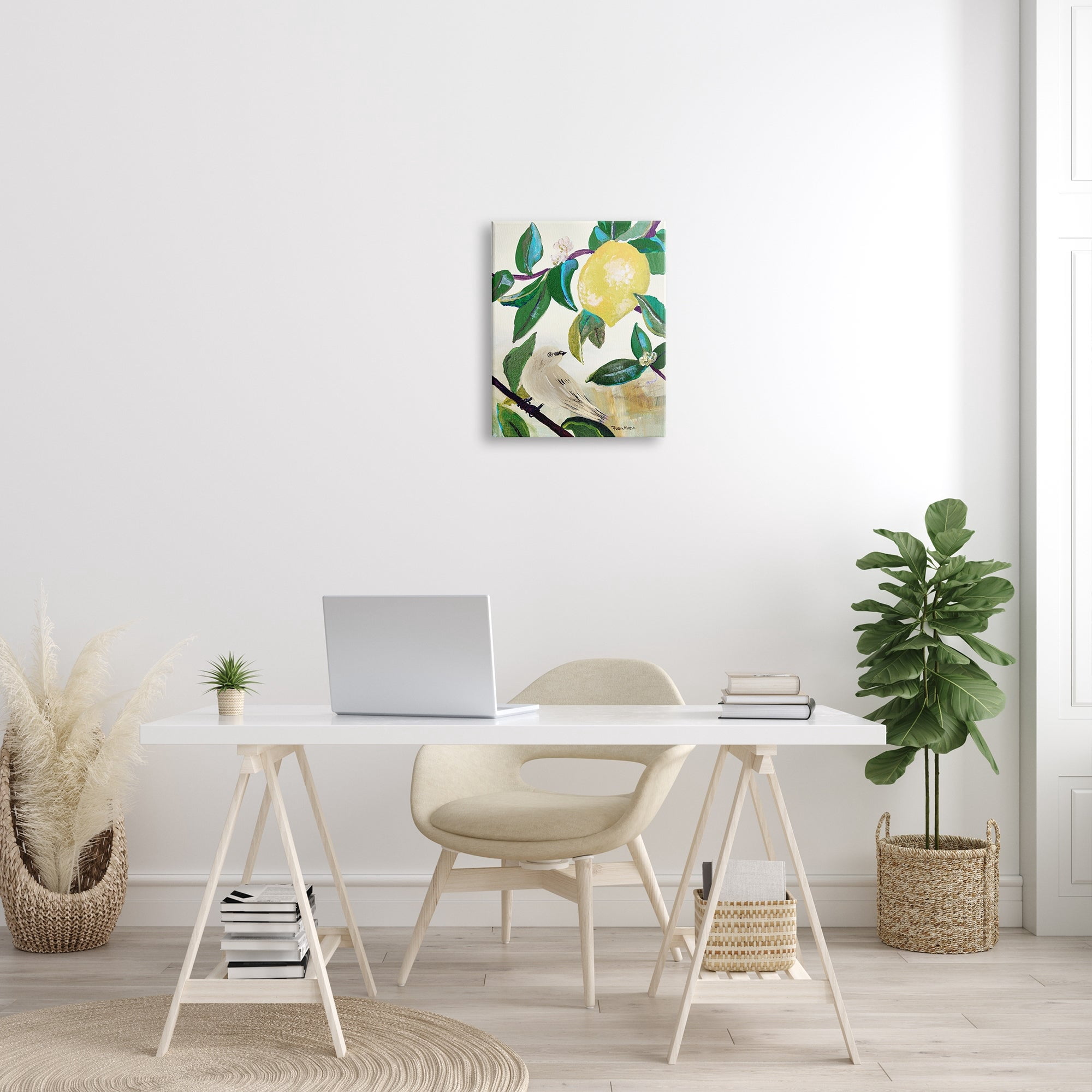 Stupell Industries Vivid Yellow Lemon Citrus Fruit Bird Perched Painting Gallery Wrapped Canvas Print Wall Art, Design by Robin Maria