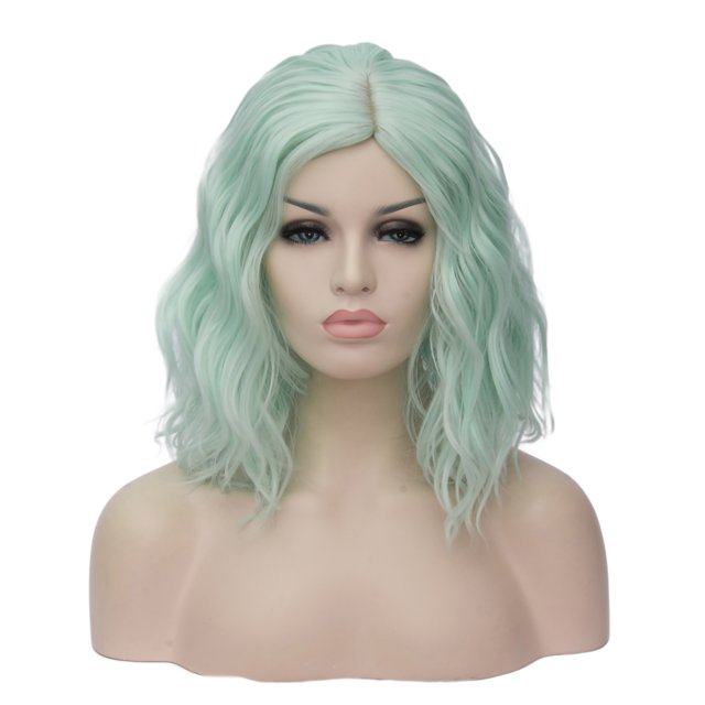 Humano Cabello Pelucas para Mujeres Dama 16" Fluorescente Verde Rizado Peluca con Peluca Gorra