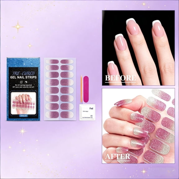 16Pcs Pre-Cured Soft Gel Nail Strips, Pink Silver Glitter Gradient Semi Cured Gel Nail Wraps, No UV Lamp Required, 21 Days Long Lasting Nail Stickers for Women DIY Home Salon Manicure Nail Art