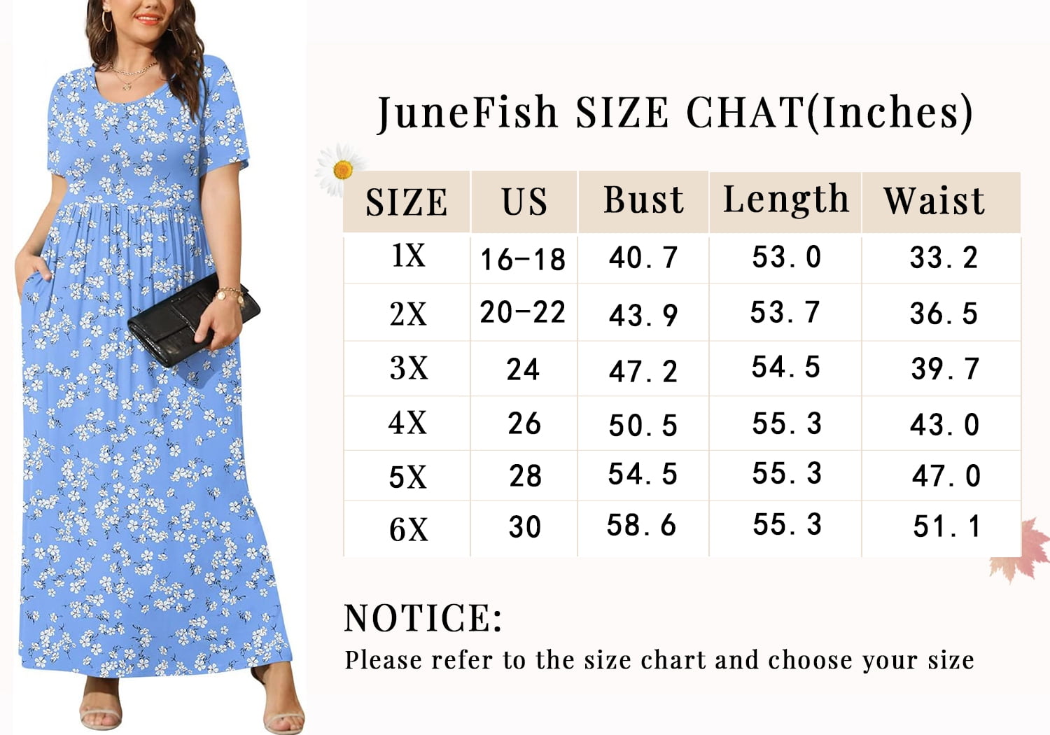 JuneFish Women's Summer Plus Size 2X to 6X Maxi Loose Dress with Pockets