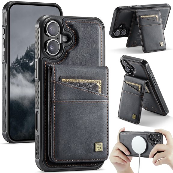Allytechgroup 2 In 1 Wallet Case for iPhone 16, PU Leather Magnetic Case with Detachable Cards Holder Support Wireless Charging Full Body Protector Cover for iPhone 16, Black