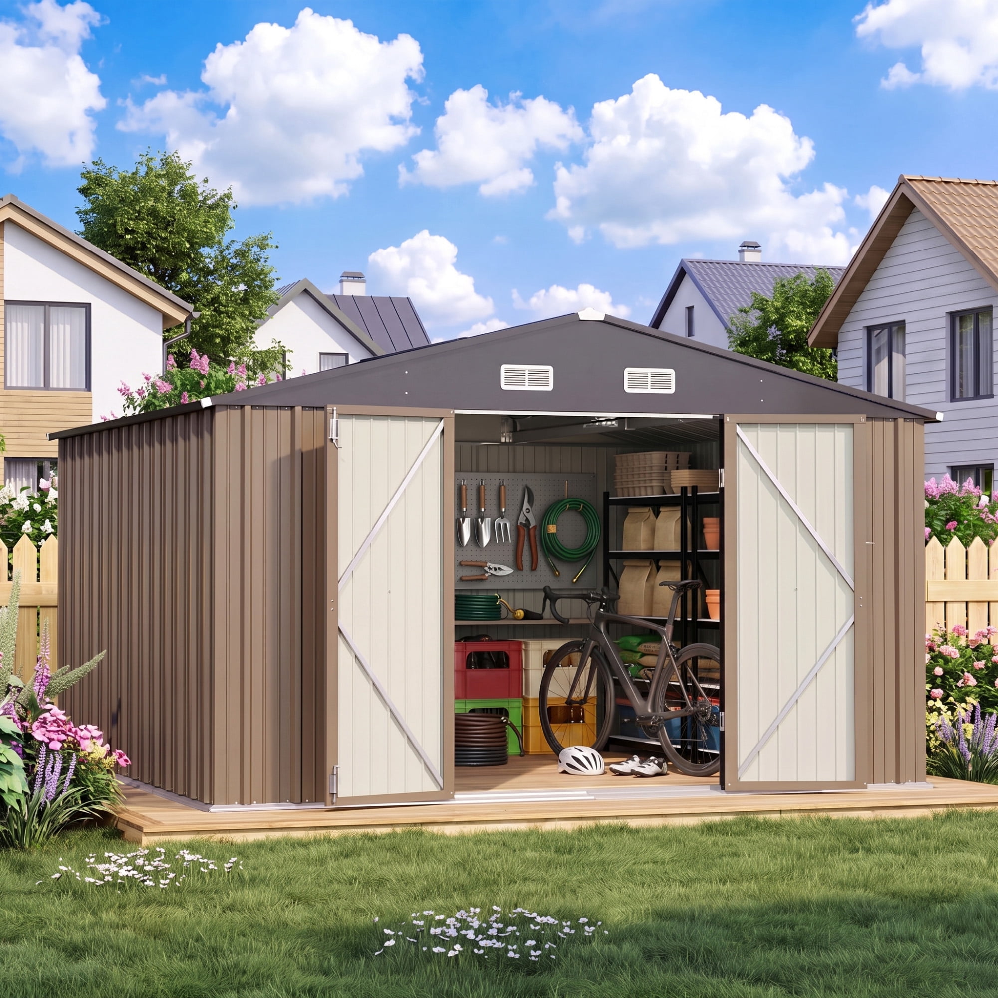 Patiowell 10 x 10 ft Outdoor Storage Metal Shed with Sloping Roof and Double Lockable Door, Brown