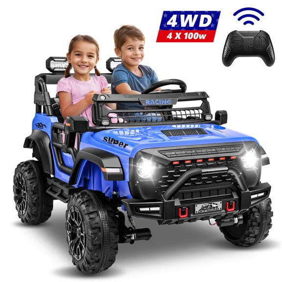 VIBESPARK 24 Volt 2-Seater Ride on Toys with Remote Control, 9AH Electric Car for Kids, 4WD Battery Powered Ride on Truck Car, Power Car Wheels w/ Bluetooth, Music, Spring Suspension, 3-Speed, Blue