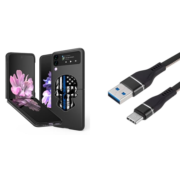 Bemz Premium Bundle for Samsung Galaxy Z Flip 3 5G: Slim Snap-On Protector Case (Thin Blue Line Skull), Nylon Braided USB-C to USB-A Cable (3 Feet)
