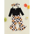 thumbnail image 6 of Aojekbee 3-Pieces Baby Girls Halloween Set Long Sleeve Boat Neck Bow Cami Romper Witch Pumpkin Print Flare Pants Hair Band Outfits, 6 of 10