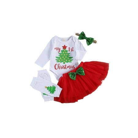 

Binpure Girls´ Five Piece Set Christmas Tree Long Sleeve Top Short Yarn Skirt for Baby Sparkle Bow Hairband Stockings Cover