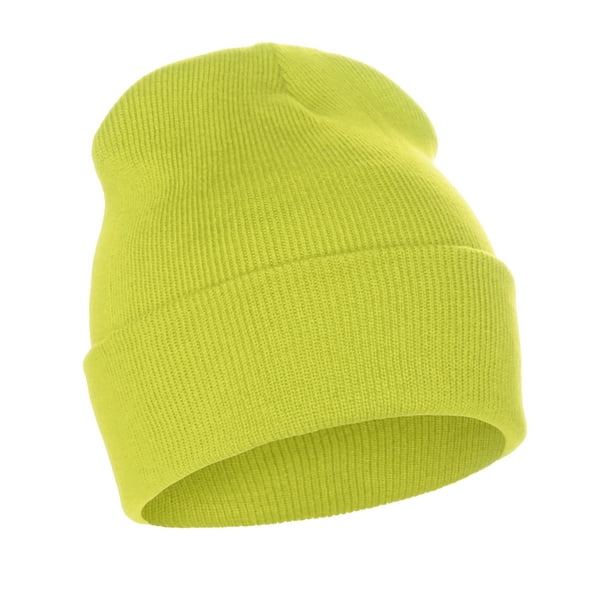 Classic Plain Cuffed Beanie Winter Knit Hat Skully Cap, Neon Yellow