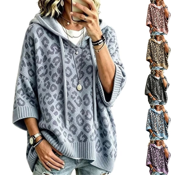 Yuaguia Women Leopard Print Drawstring Hoodie, Loose Fit Casual Knit Sweatshirt, Fall Winter 3/4 Sleeve Pullover Top for Daily Wear Streetwear, Dark Gray 2XL