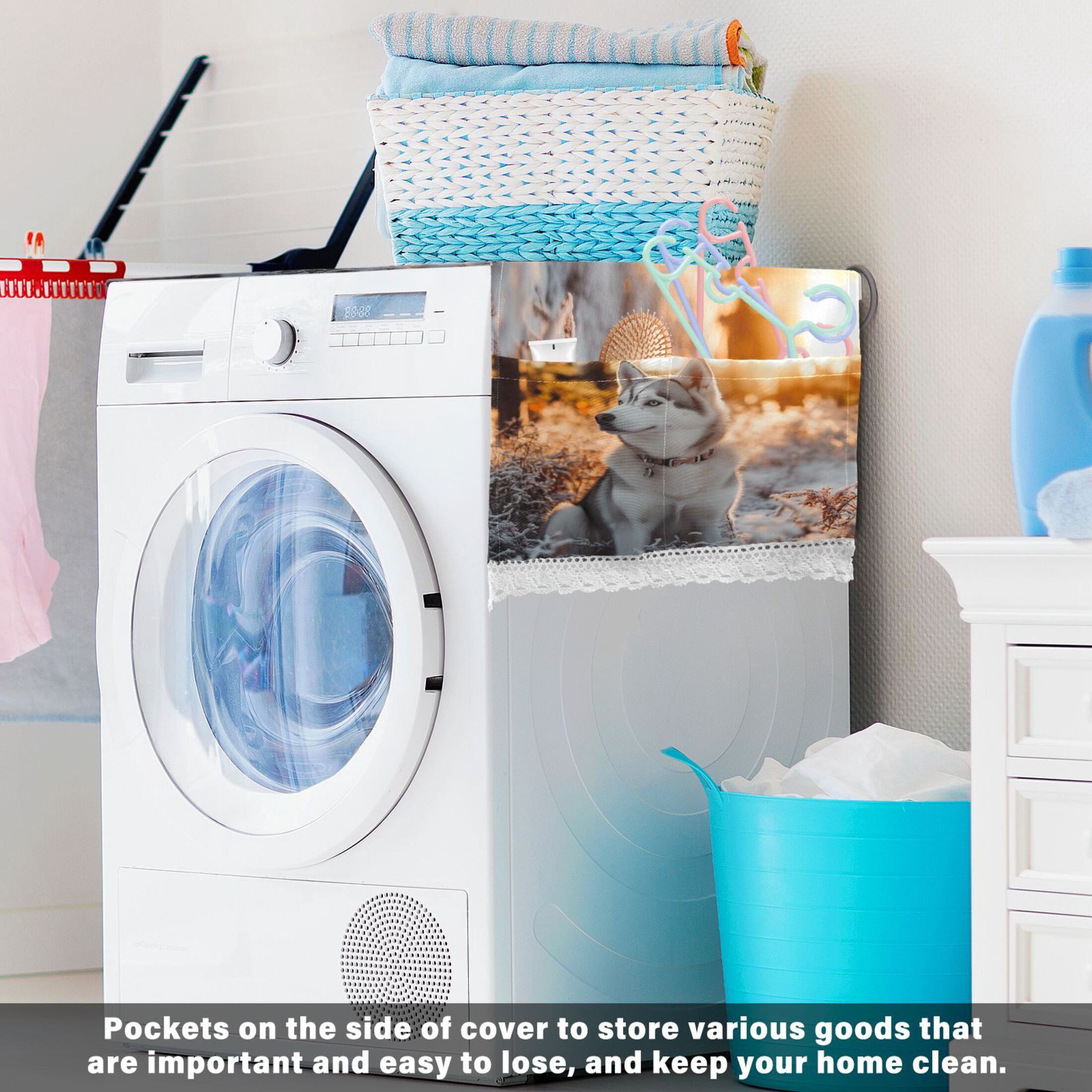 Outdoor Husky DogWasher and Dryer Covers Dust-Proof and Oil Resistant Fridge Cover with 4 Storage Pockets Washing Machine Top Cover for Laundry Kitchen Home 51.2 x 22 In