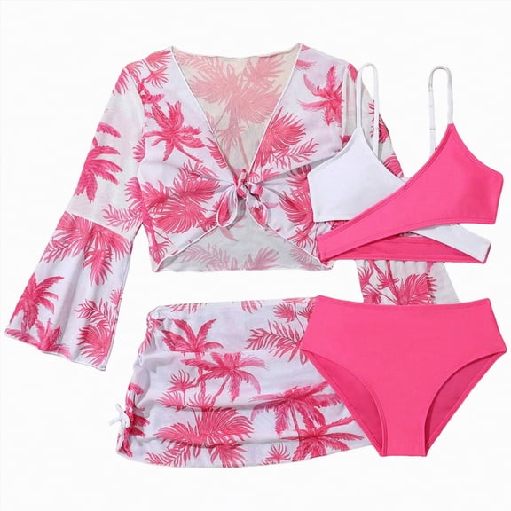 TOWED22 Girls Bathing Suits 3 Piece Swimwear Bikini Set Floral Print Cover Up Skirt Ruffle Swimsuit 7-14 Years Hot Pink,9-10 Y