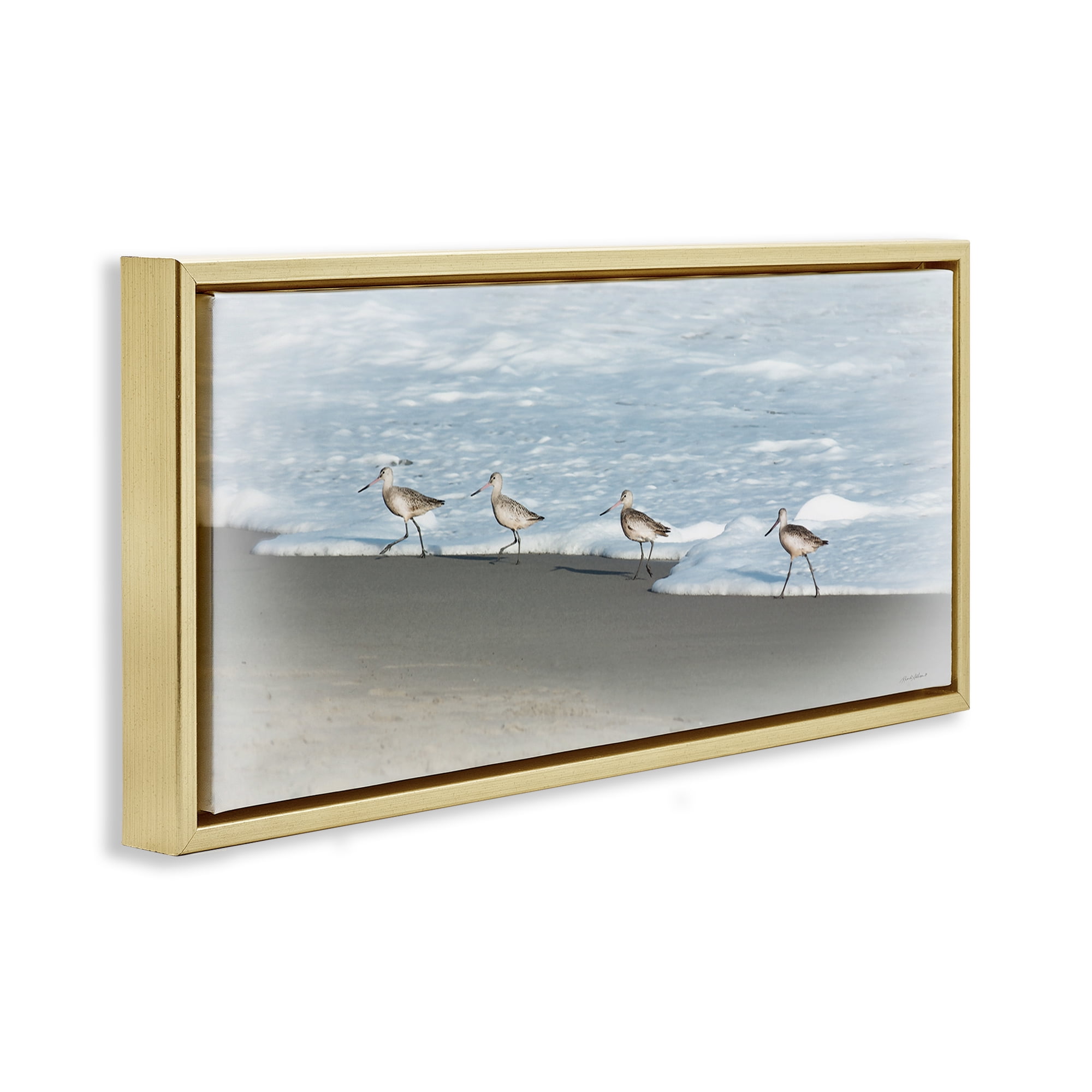 Stupell Industries Four Sandpipers on Beach Nautical & Beach Painting Gold Floater Framed Canvas Art Print Wall Art, 31 x 14