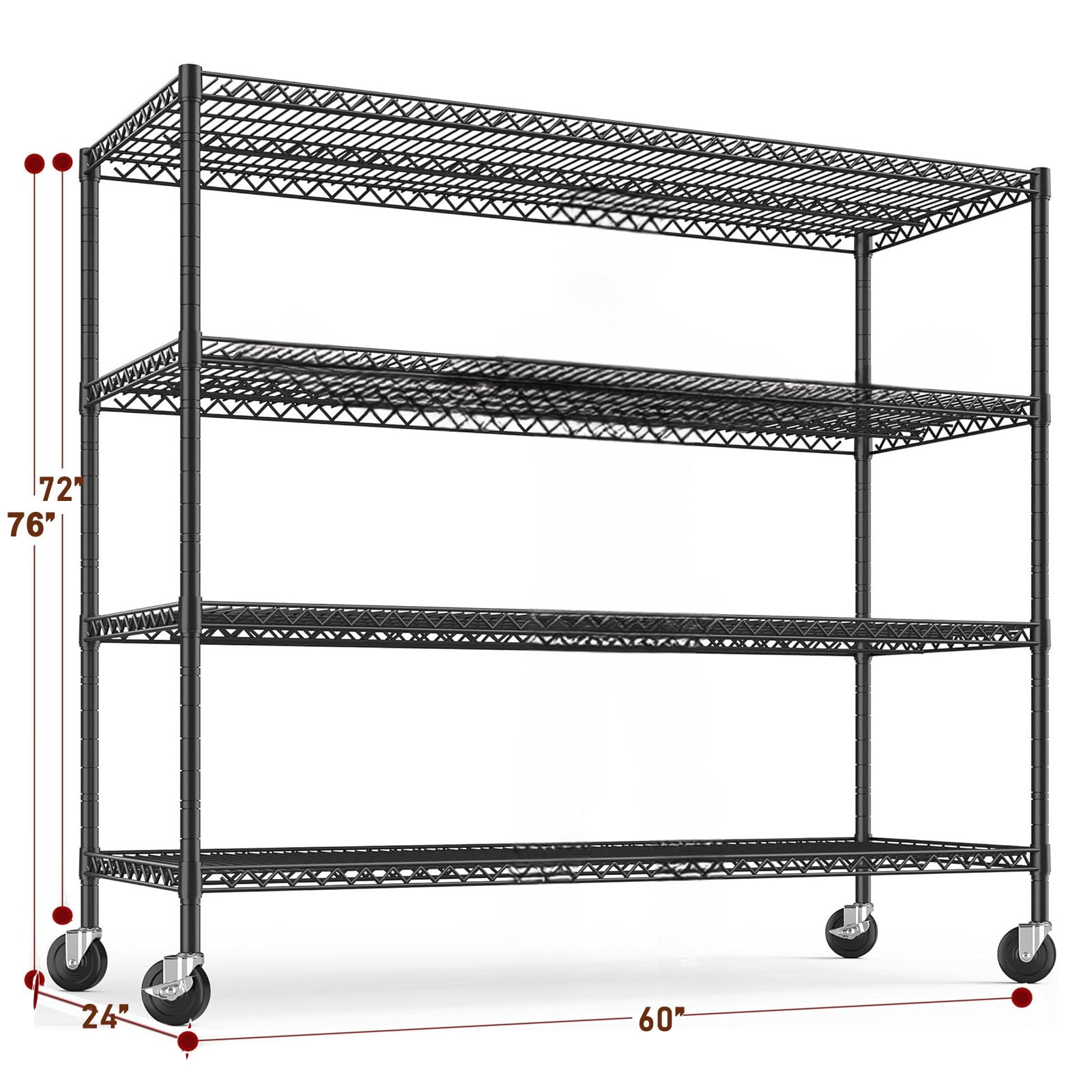 Sailvan 4-Tier Heavy Duty Metal Storage Rack, 60"W x 24"D x 72"H, 2400LBS Capacity Adjustable Wire Shelving Unit with Wheels for Garage Pantry,Black