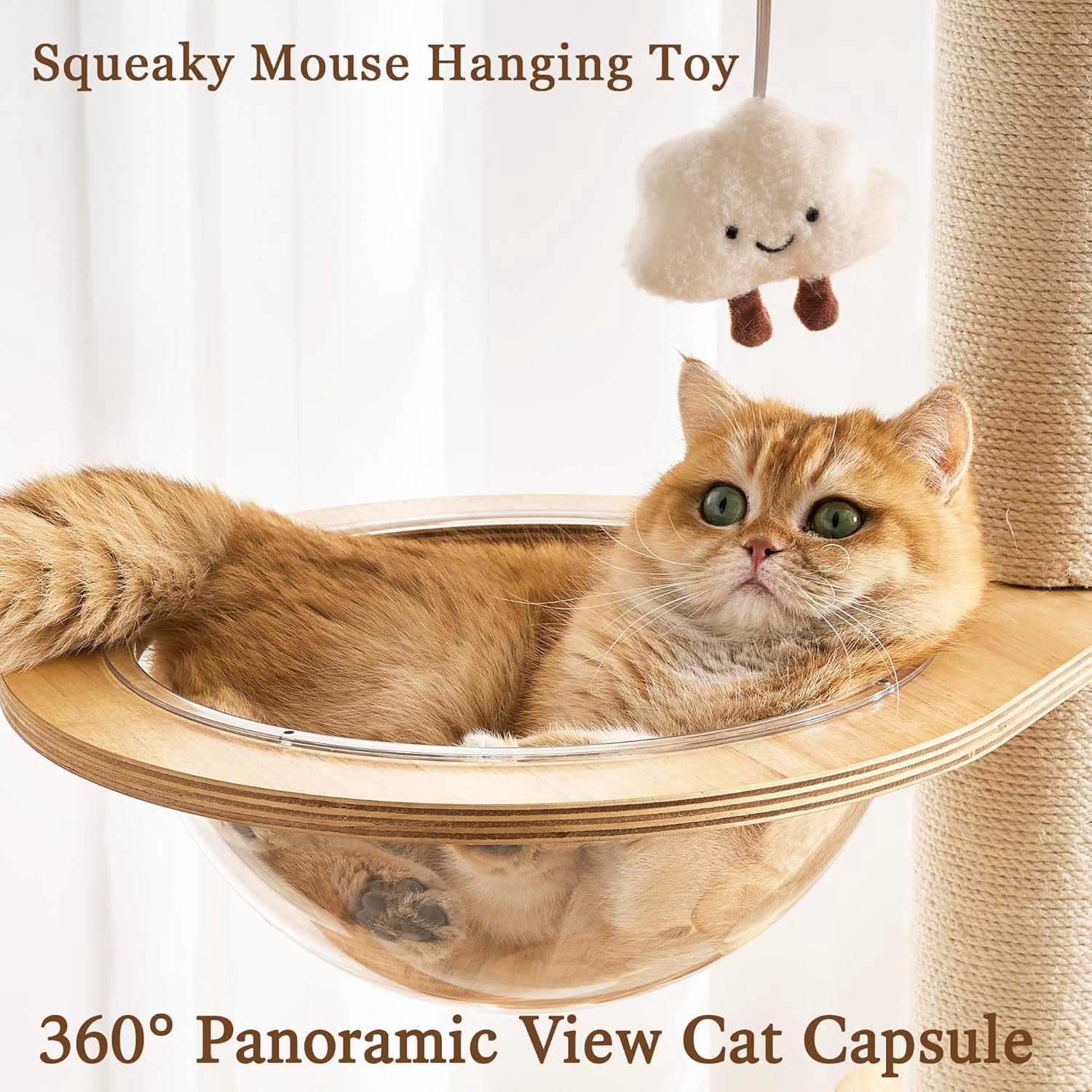 Modern Cat Tree Tower with Scratching Post for Indoor Cats Large Adult, 60 inch Tall Solid Wood Multifunctional Cat Tree Tower with Bed, Space Capsule, Sisal Wrapped Condo, Multiple Cats Use