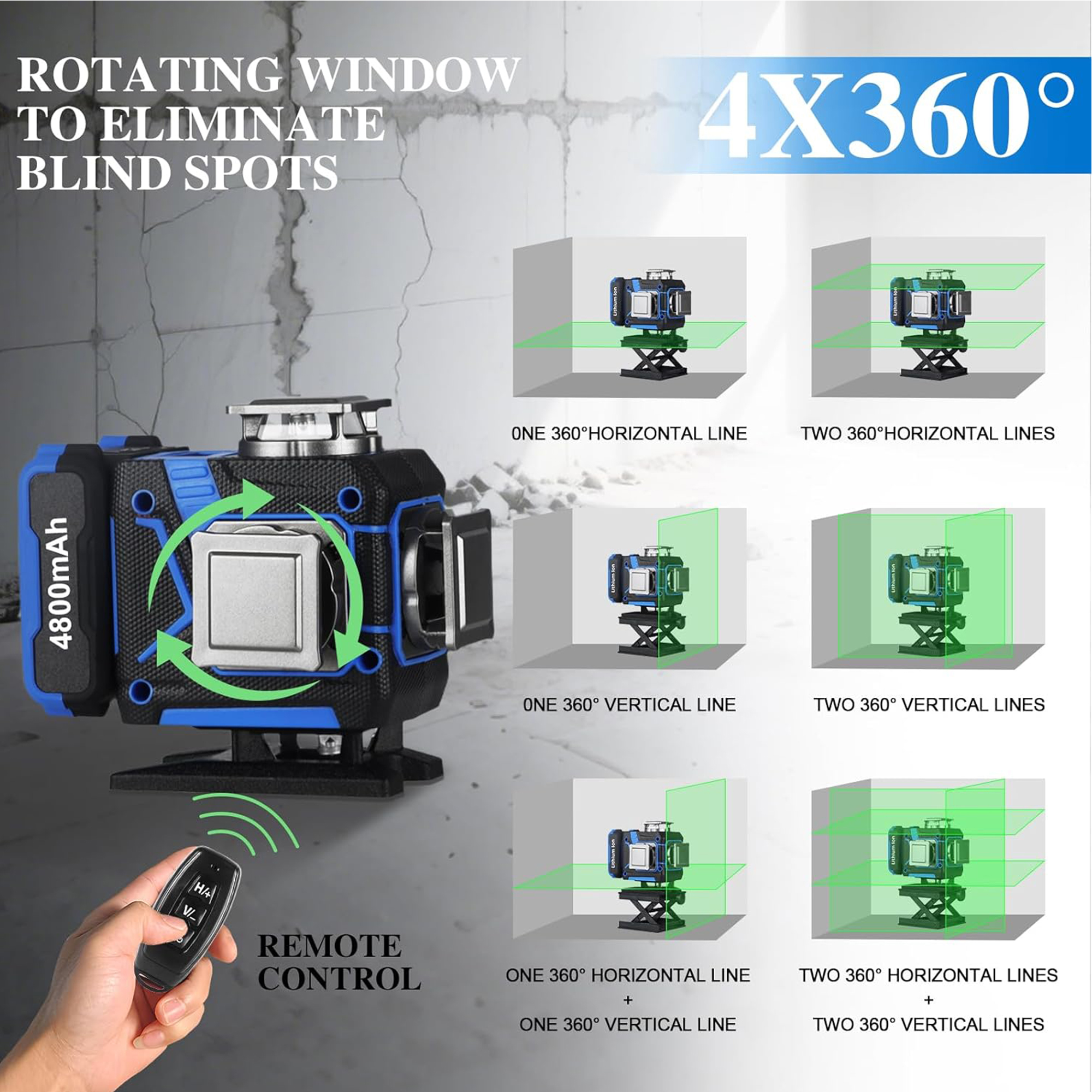 AZZUNO  Laser Level with Tripod, 4x360 Laser Level 360 Self Leveling for Picture Hanging with 2x4800mAh Li-ion Battery, Ideal for Outdoor, Construction, Tile
