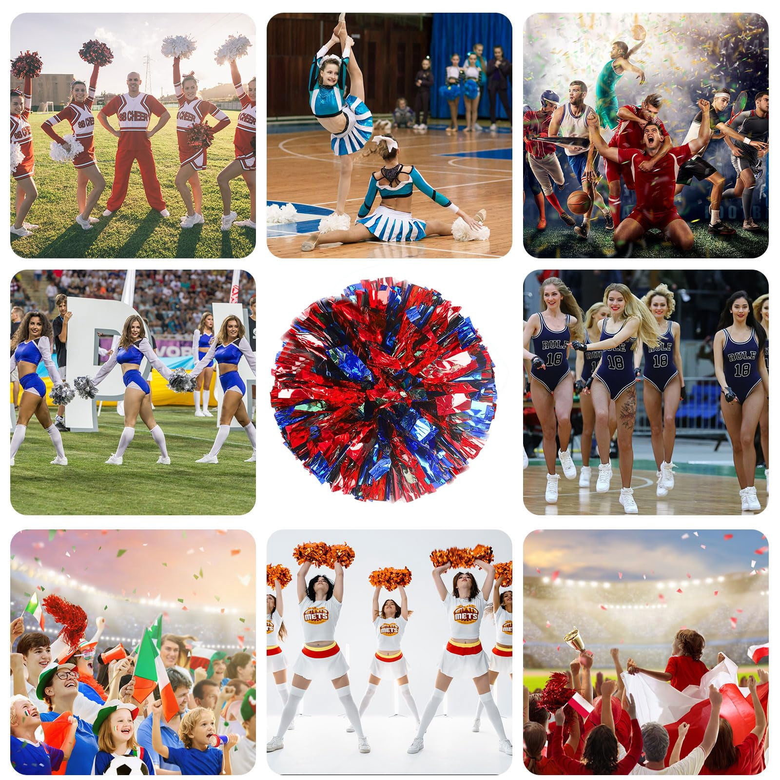 12 Pcs Cheerleading Pom Poms, Cheerleader Pompoms with Finger Holes,Fit for Team Spirit Sports Dance Cheering