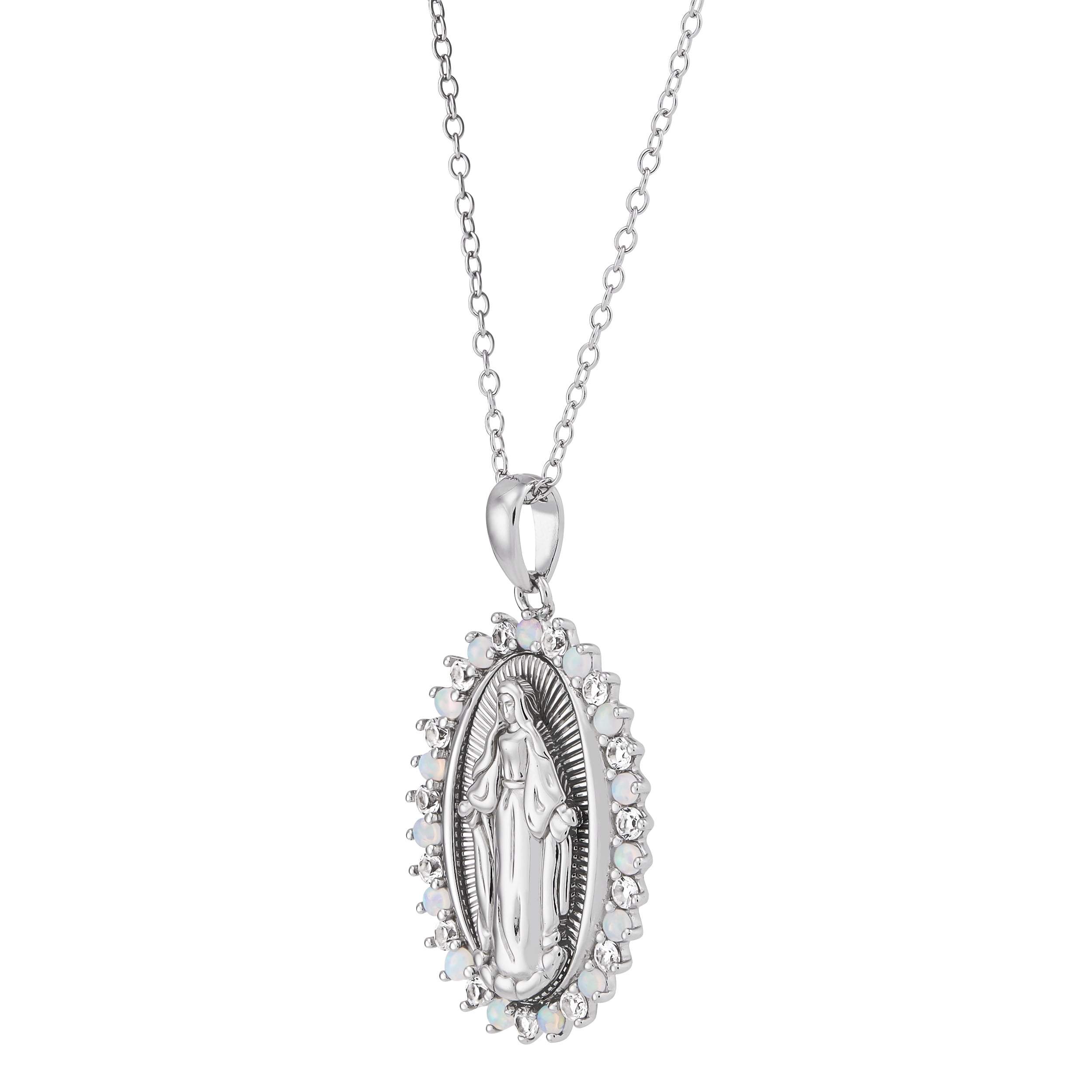 Brilliance Fine Jewelry Created Opal White Sapphire Oval Mary Pendant in Sterling Silver, 18"