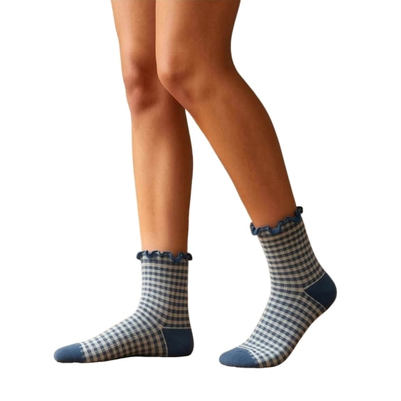 Umfun Women's Ruffle Ankle Socks Gingham Plaid Cute Cotton Crew Socks with Frilly Edge for Summer Spring Casual Daily Wear School