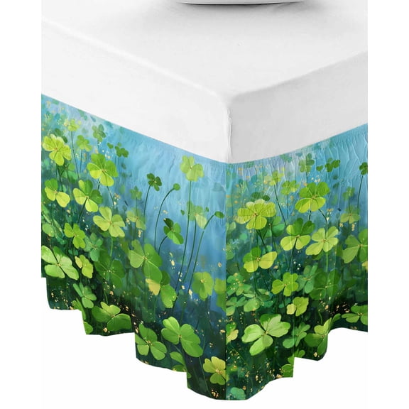 St. Patrick's Day Bed Skirt Queen Size 16 Inch Drop, Wrap Around Bed Skirts, Farmhouse Spring Green Clovers Plants Elastic Bedskirt Pleated Bed Frame Cover Luxurious Dust Ruffle for Queen Bed