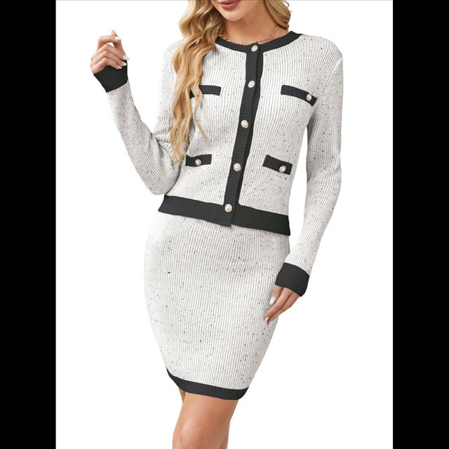 Conjunto de 2 Piezas de Cárdigan Estilo Preppy para Mujer, Falda, Top de Punto Informal de Larga con Botones y Falda Ajustada. Albaricoque L
