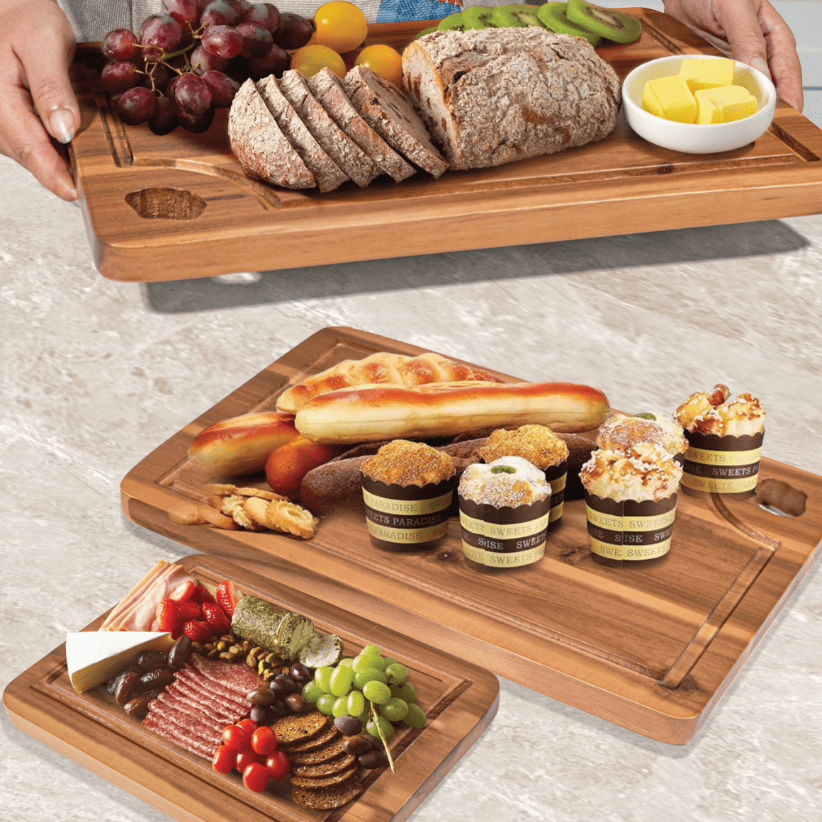 Wooden Cutting Boards for Kitchen Set of 3 Solna – Acacia Wood Cutting Board with Juice Groove & Hand Grip – Chopping Boards, Small Wooden Cutting Board, Meat & Vegetable Cutting Board