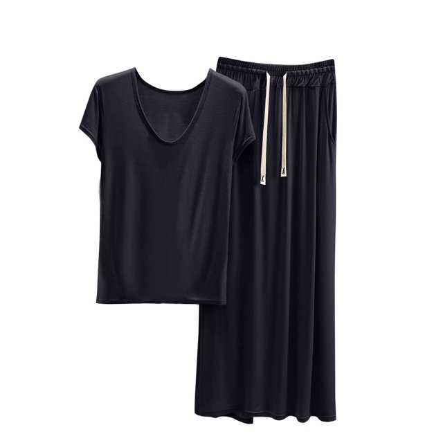 cfhntfmh Womens Two Piece Modal Pajama Set Short Sleeve Shirt with Long Pajama Pant Set Soft Pj Loungewear with Drawstring