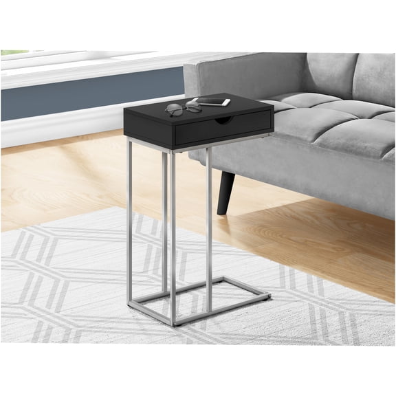 JERFIT Modern C-Shape Sofa Side Table with Drawer, Black Snack Accent Table for Living Room & Bedroom