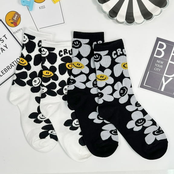 Women's Crew Smile Crush Flower Socks - 2 Pair Set w/ Gift Bag - Made in Korea