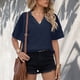 thumbnail image 3 of Camisa de manga corta de encaje Blusa de verano con manga de encaje fluida informal elegante con cuello en V de doble capa Azul oscuro L, 3 of 6