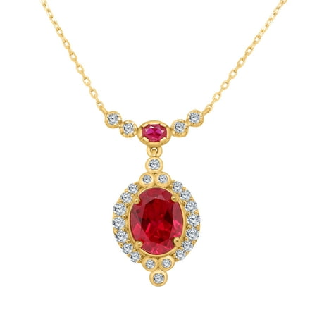 product image of Omega Jewellery Art Deco Fancy Halo Necklace Pendant for Women Girls 18K Yellow Gold Over Silver Simulated Ruby & Natural Diamond Halo Pendant Along With 18" Chain (3.10 Cttw)