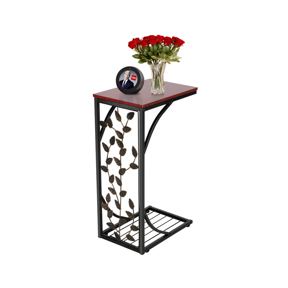 Easyfashion C-shaped Rectangular Wood and Metal End Table, Black/Brown Finish - 8.3 x 12 x 20.9' (WxDxH)