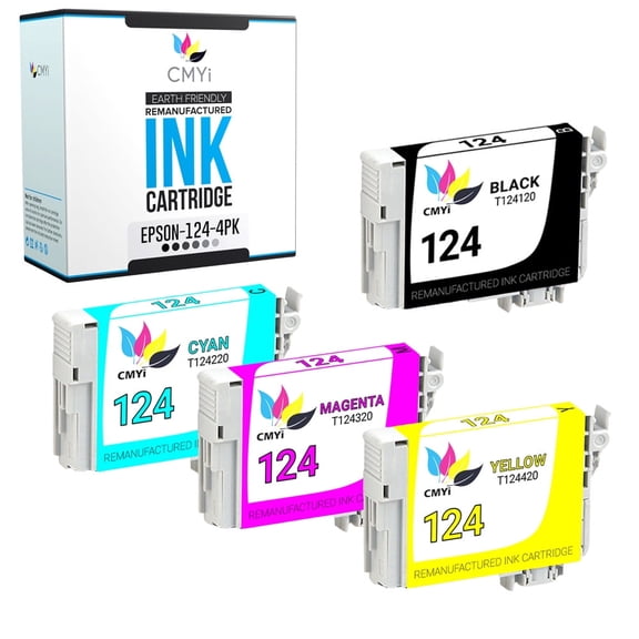 CMYi 124 Combo Pack of 4 Inkjet Printer Ink Cartridges Compatible for Epson 124, 1 Black, 1 Cyan, 1 Magenta, 1 Yellow