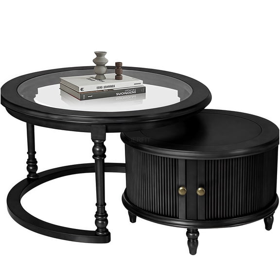 JERFIT Modern Nesting Coffee Table Set, 2-Piece Black Glass Top & Wood Frame End Tables for Small Space Living Room, Bedroom