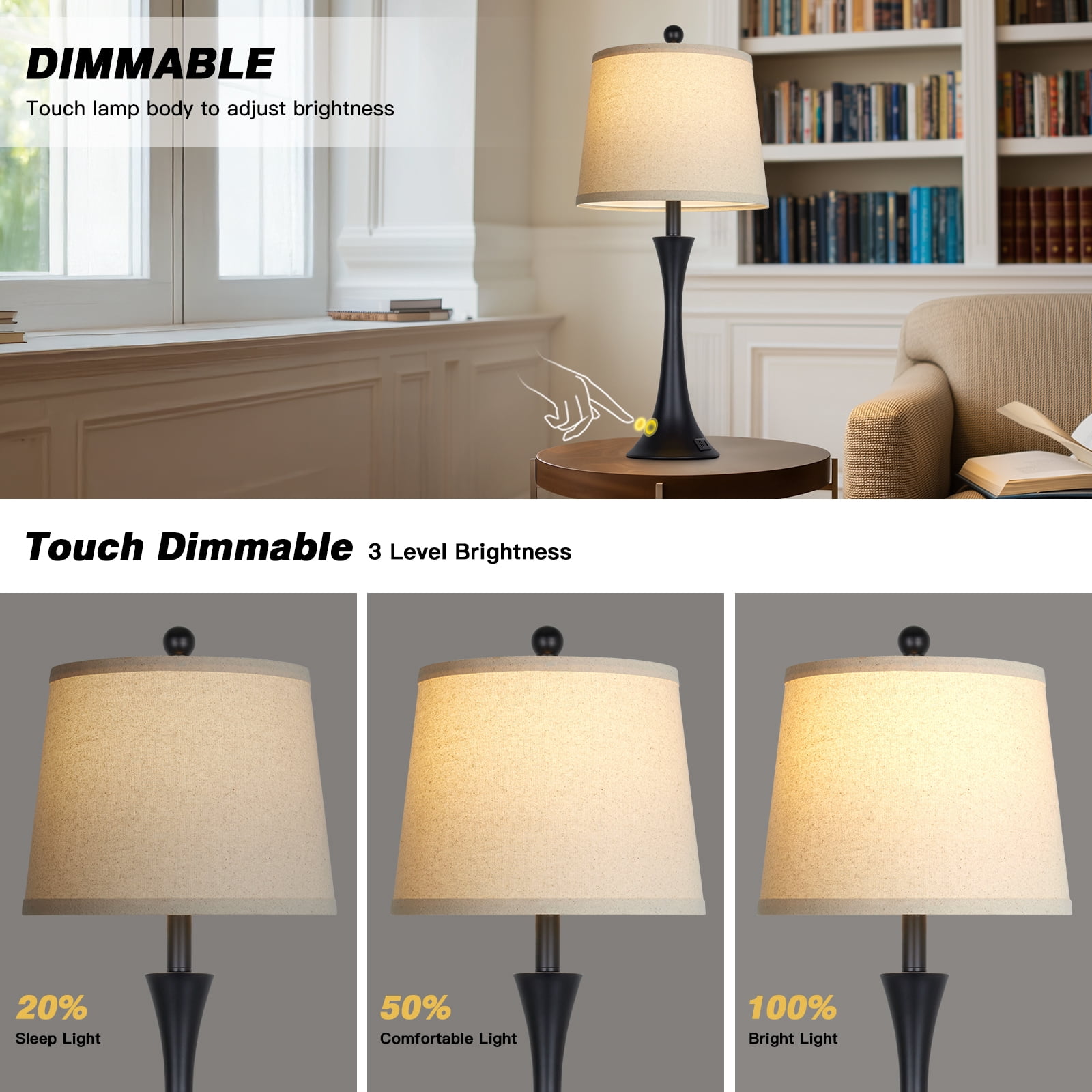 Cinkeda Table Lamp Set of 2,Farmhouse Bedside Classic Metal Table Lamp for Living Room Bedroom,LED Bulbs Included