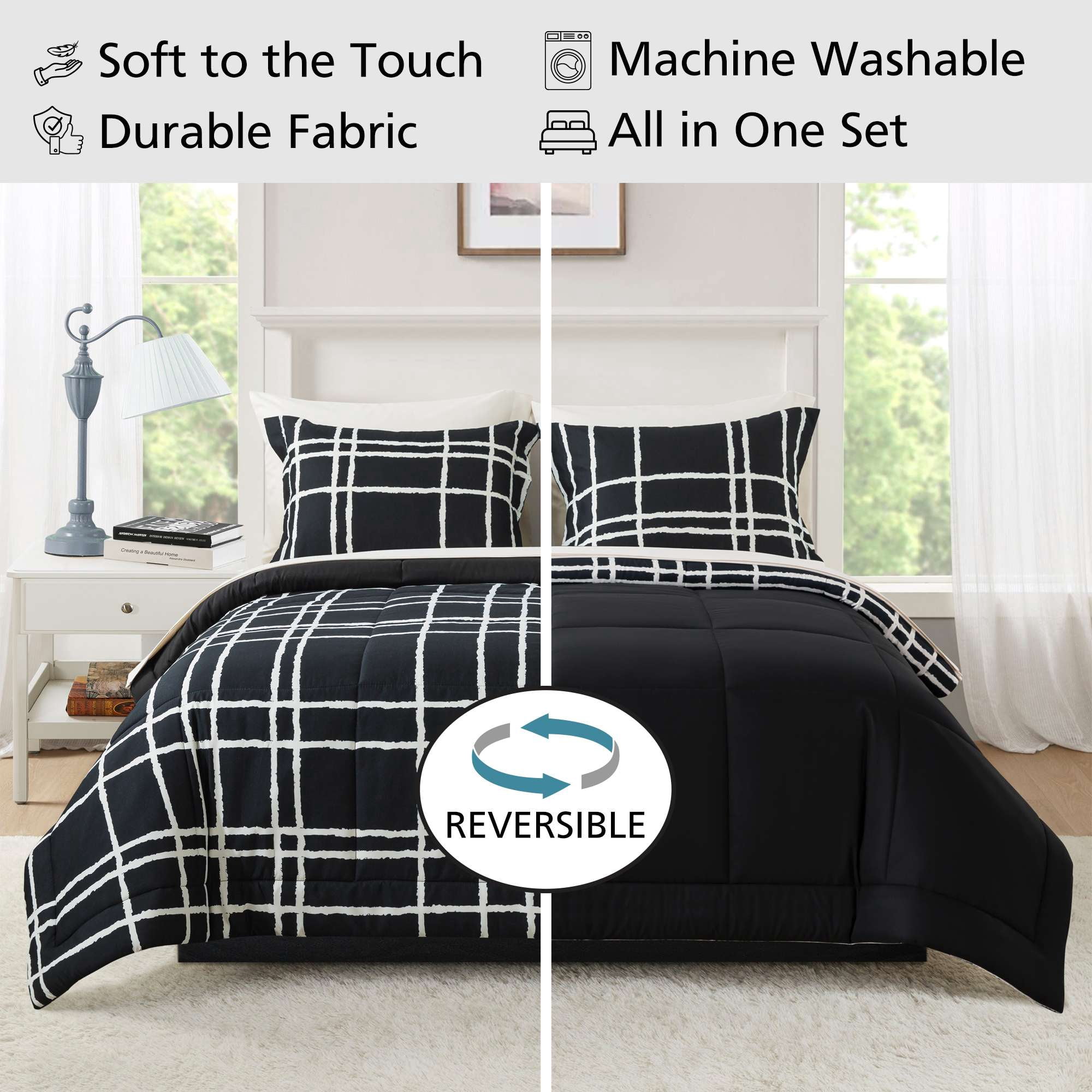 Mainstays All in One Reversible Comforter and Sheet Set, 7-Piece, King, Black and White Checker
