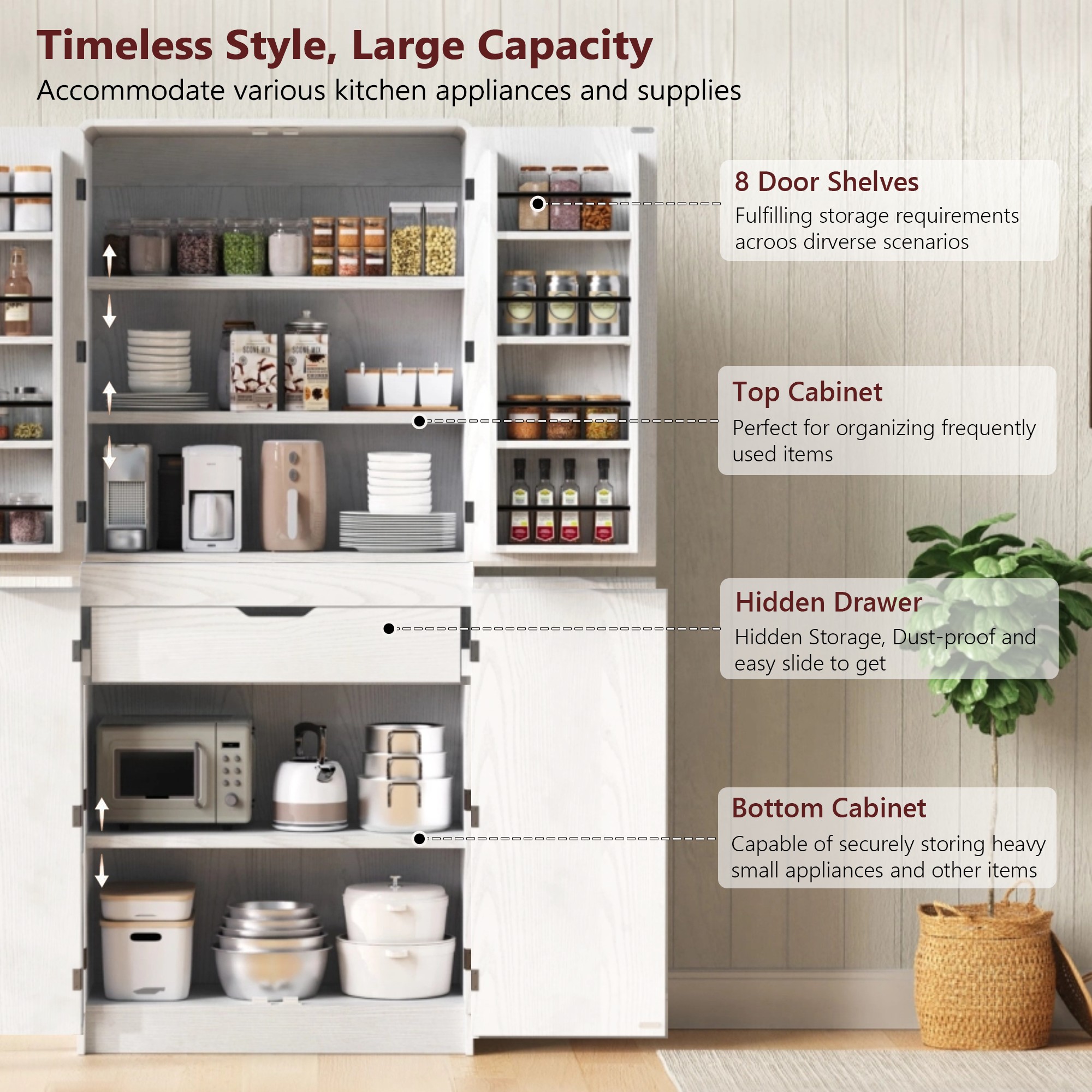 72" Tall Farmhouse Kitchen Pantry Cabinet with 8 Door Shelves, Curved Design Storage Cabinet with 3 Adjustable Shelves, Hidden Drawer, Versatile Cupboard for Kitchen, Dining & Bathroom, White