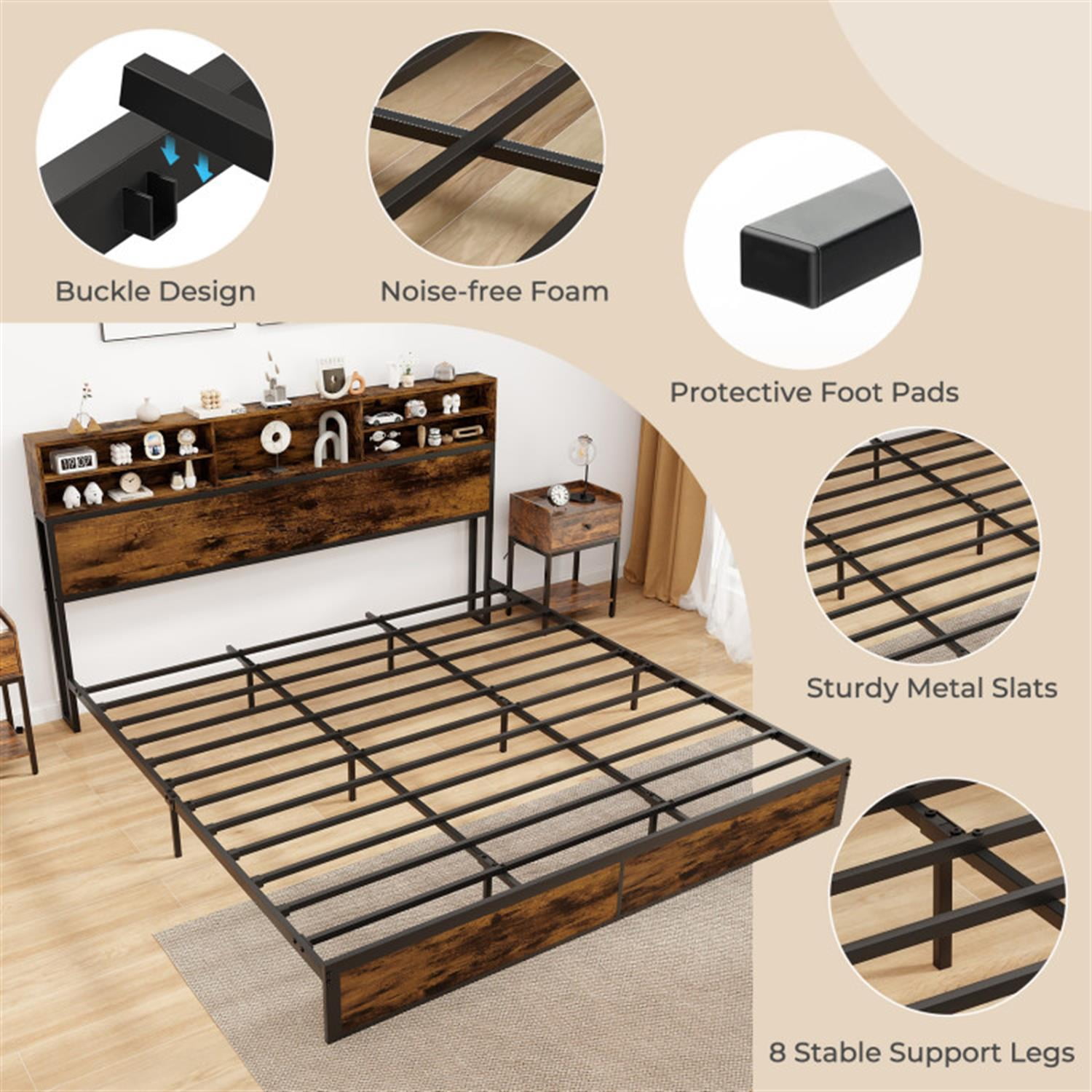 Demi Bonn King Size Bed Frame with Wooden Headboard and Footboard, Industrial Metal Platform Bed Frame with Under Bed Storage, No Box Spring Needed, Brown