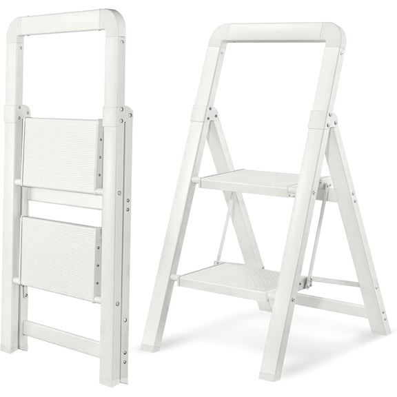 Calmwrd Step Ladder 2-Step White Finish Aluminum Folding Step Ladders,Anti-Slip Max 330 lbs