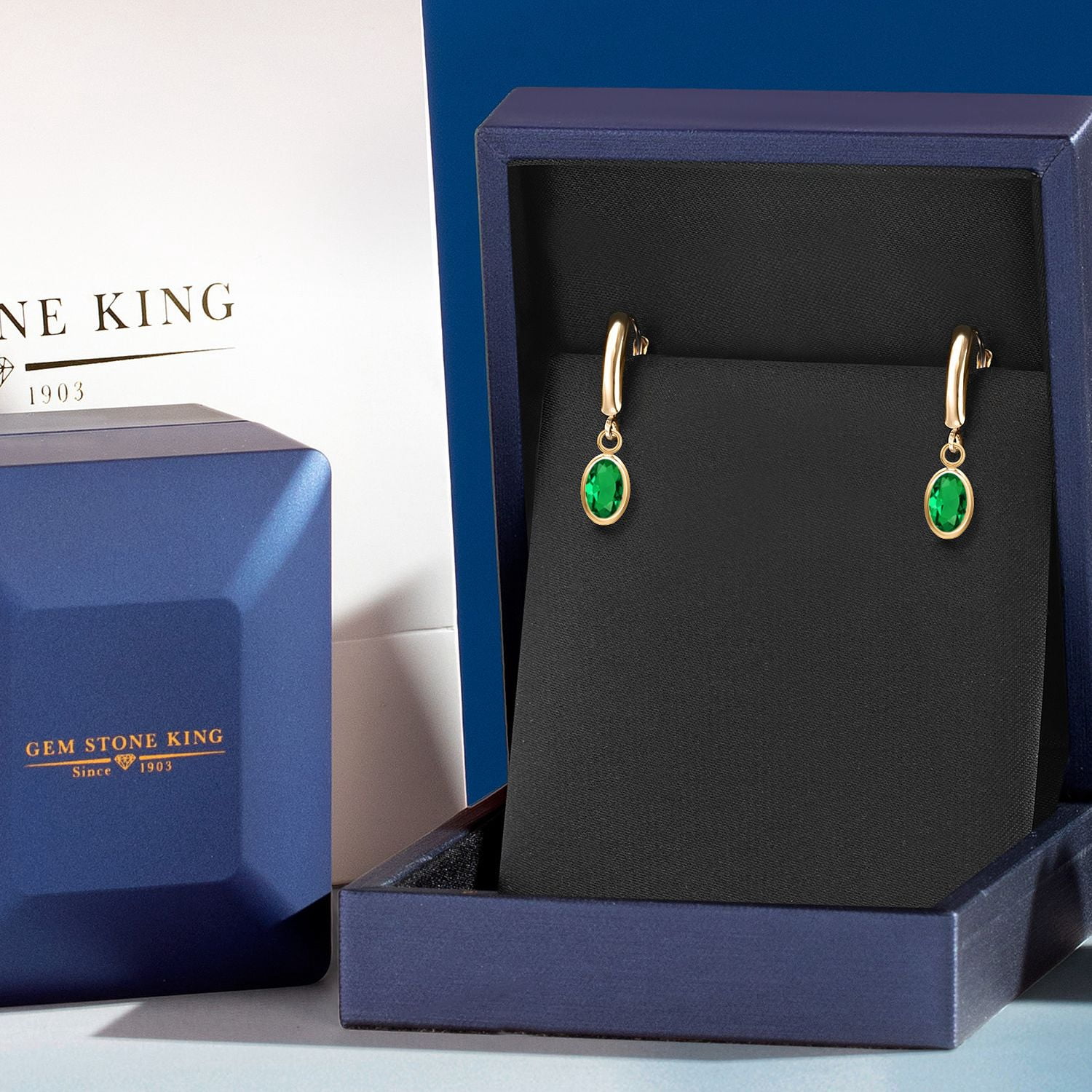 Gem Stone King 14K Yellow Gold Green Created Emerald Earrings for Women | 1.2 Cttw | Gemstone Birthstone | Oval 7X5MM | Fine Jewelry Gifts for Women Mom Wife Her