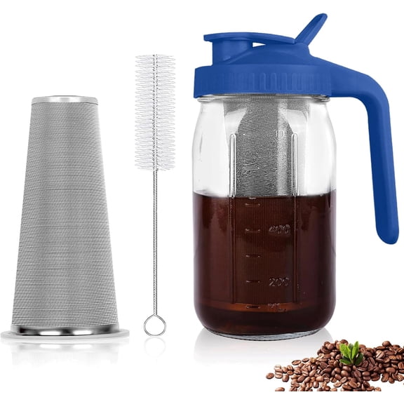 Cold Brew Coffee Maker,32 Oz Mason Jar Pitcher with Stainless Steel Filter, Pour Spout Handle Lid, Heavy Duty Glass Airtight & Leak-Proof for Iced Coffee Tea Breastmilk Lemonade-blue