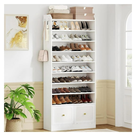 Shoe Cabinet, 36-40 Pair Shoe Organizer, 10 Tier Wooden Shoe Storage with Drawers, Freestanding Entryway Shoe Rack, White 12"D x 31.5"W x 74"H (30.3 × 80 × 188.3 cm)