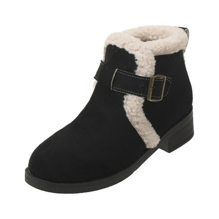 

hopeusnice Women s Winter Boots Suede Buckle Ankle Booties Fuzzy Fleece Lined Warm Shoes Comfortable Low Heel Short Boots Black 37