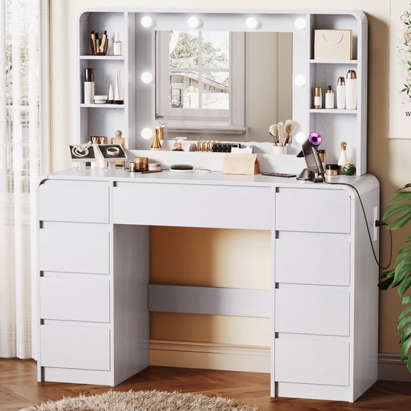 UGTOO White Vanity Desk with Lighted Mirror & Charging Station, Large Makeup Table with 9 Drawers & Adjustable Shelves, 3 Color Lighting Modes, P2 Wood Bedroom Dressing Table (Assembly Required)