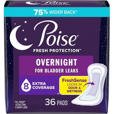 Poise Incontinence Pads & Postpartum Overnight Incontinence Pads, 8 Drop Extra Coverage, 36 Count, Packaging May Vary