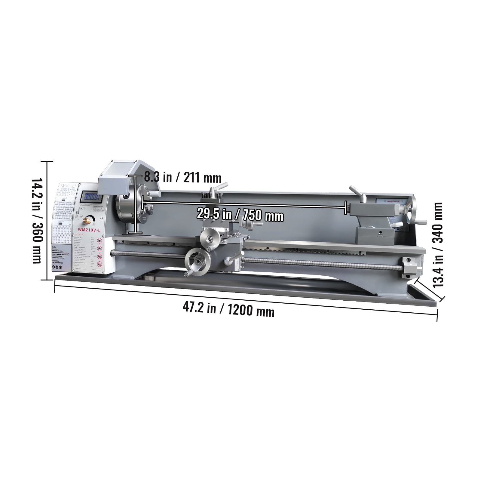 SKYSHALO Benchtop Metal Lathe, 8.3'' x 29.5'', designed for precise metalworking. Features a 0-2500 RPM variable speed, 750W brushless motor, and durable metal gears. Includes a tool box.