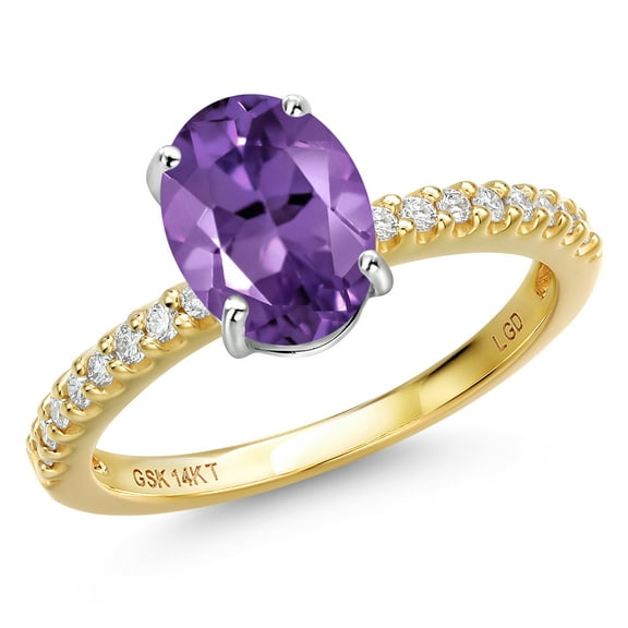Gem Stone King 14K Two Tone Gold Purple Amethyst and Lab Grown Diamond Engagement Ring for Women | 1.76 Cttw | Oval 9X7MM | Gemstone February Birthstone | Size 8
