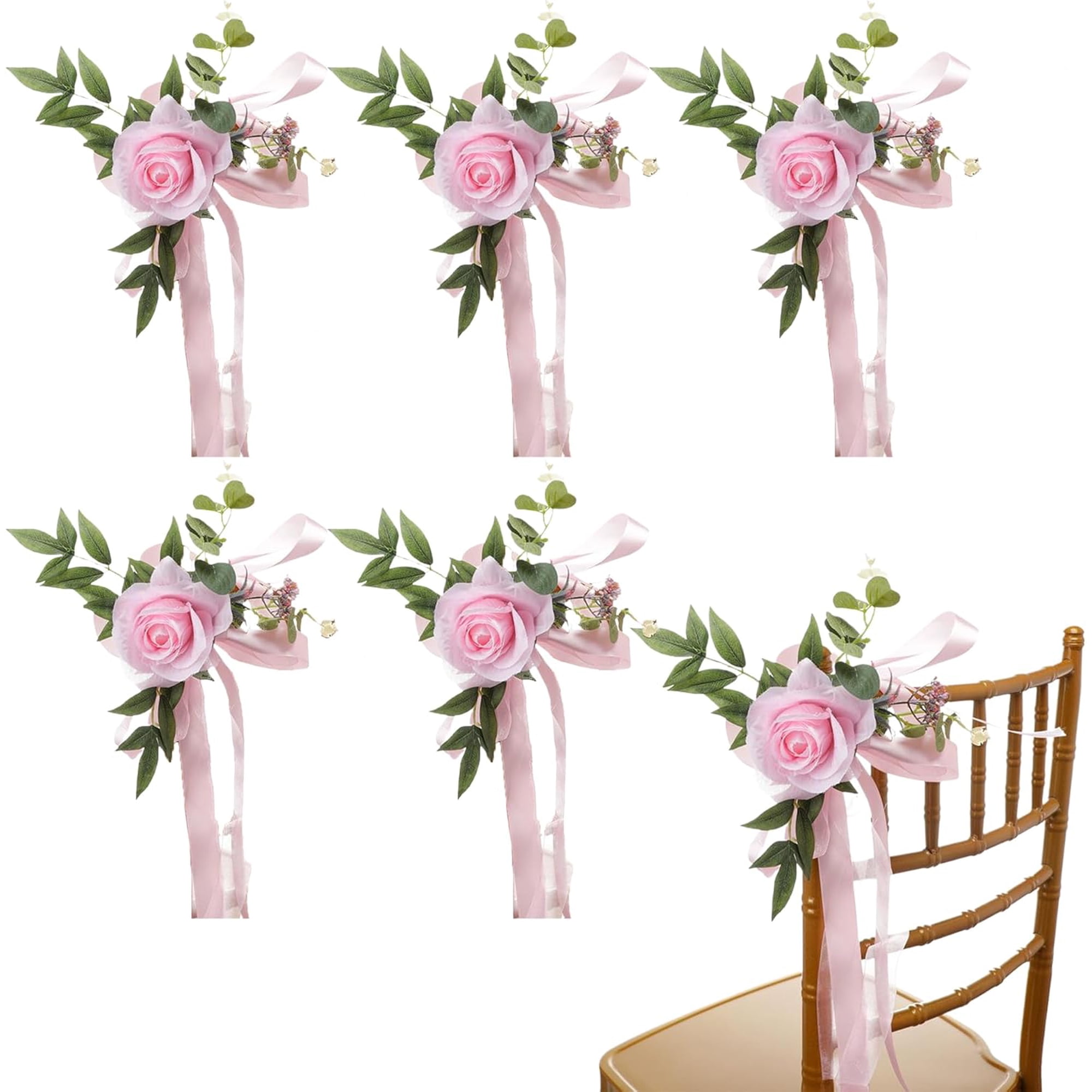 Wedding Chair Decorations Rose Flower:6 Pcs Artificial Rose Flower with Leaves and Ribbons,Outdoor Wedding Aisle Decor,Wedding Ceremony Decorations (Pink)