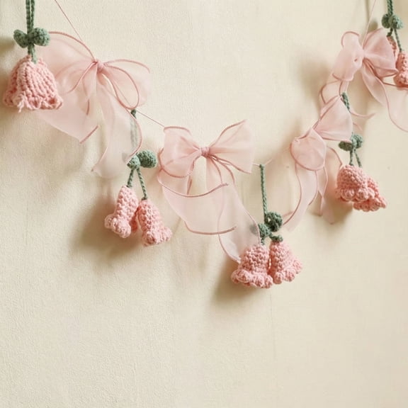 Bohemian Crochet Flower Wall Hanging Set, Handmade Lily of the Valley with Pink Bows, Decorative Hanging Garland with Rope for Room  Wall Decor Wedding Party Decor Gift