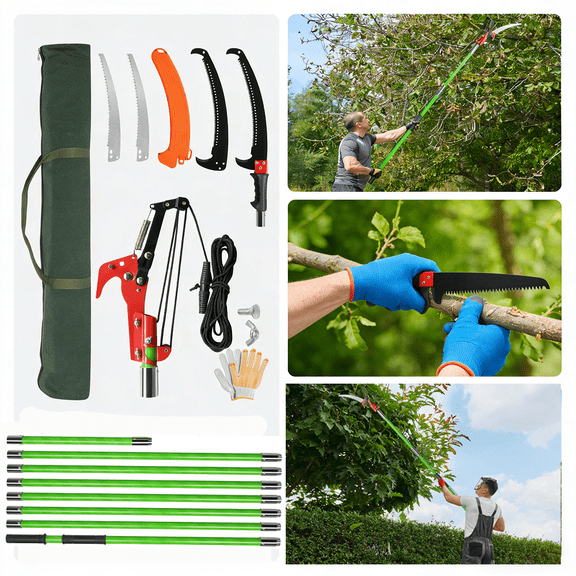 26ft Manual Pole Saw Pruner Extendable Tree Trimmer with Rope Pull System & Sharp Steel Blade Lightweight Fiberglass Poles for High Branch Cutting Palm Tree Maintenance Shrub Pruning & Landscaping