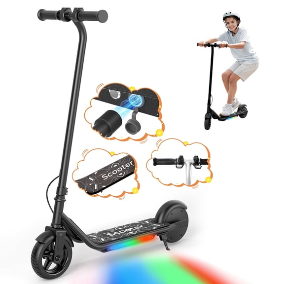 Rolldustry R2 150W Kid Electric Scooter for Age 5 and up, Max 10Mph, Magnetic Charging, 3-Color Pedal Lights, Double Brake, Anti-Slip Pedal, Black